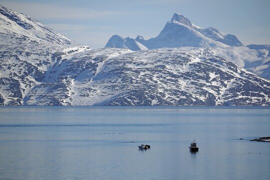 Boats in the fjord, rugged snowy mountain landscape, Nuuk, Arctic, North America, Greenland, Denmark