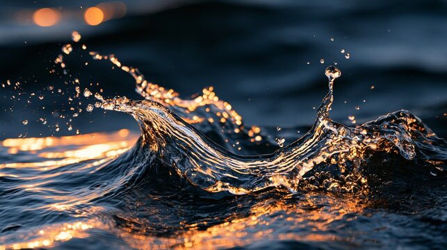 Gentle water splash reflecting golden light in a serene natural setting.