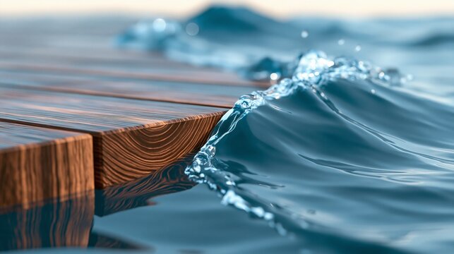 Glistening waves gently lap against a rustic wooden dock, evoking serene coastal vibes.