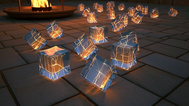 Glowing ice cubes on a patio create a magical evening ambiance near a cozy fire pit.