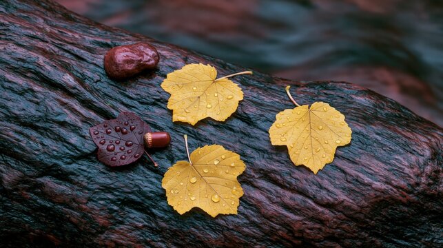 Golden leaves on a wet log, capturing autumn's beauty in nature's serene setting.