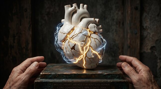 Cracked porcelain heart with glowing golden kintsugi repair lines, AI healing technology concept XD