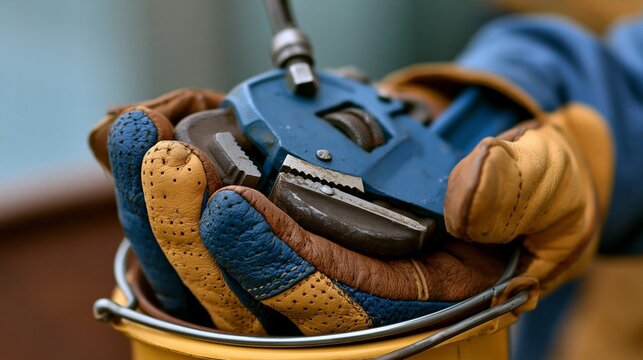 Hands wearing gloves hold an adjustable wrench, ready for repair or maintenance tasks.