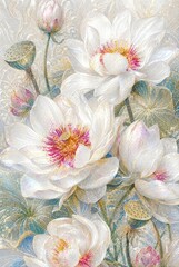 Obraz premium Elegant white lotus flowers in dreamy decorative illustration