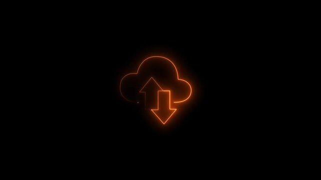 abstract Glowing orange colour neon cloud storage with arrows, looped animation. Cloud space and technology, data backup icon