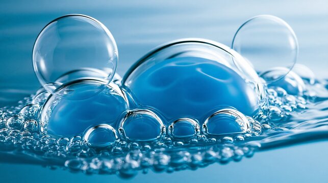 Macro view of shimmering bubbles floating on a tranquil blue water surface.
