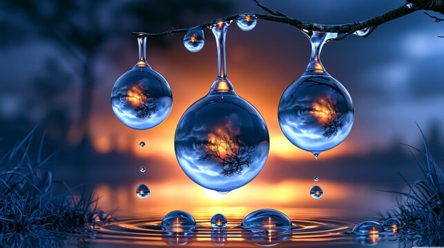 Magnificent water droplets reflecting a stunning sunset, embodying tranquility and beauty.