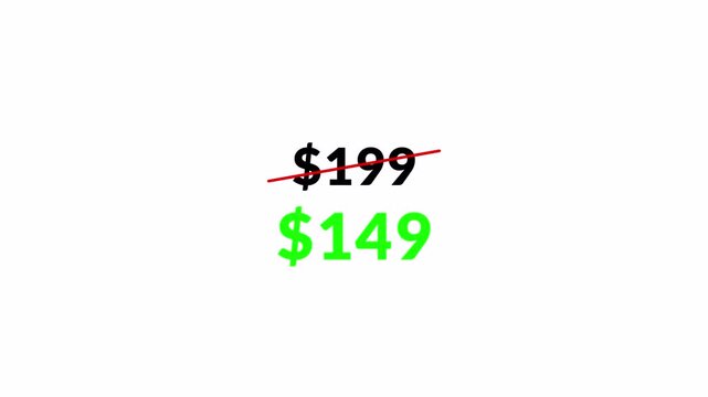 Animated Price cut strikethrough from 199 dollars to 149 dollars discount offer 4k animation with alpha channel price tag discount from 99 to 49 animated on transparent background