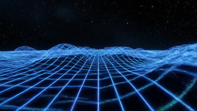 A 3D rendered digital landscape of an alien world at night, covered by a grid with stars in the dark sky