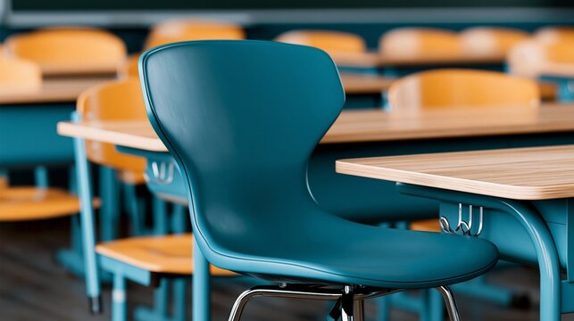 Modern classroom setting with colorful chairs and tables for students.
