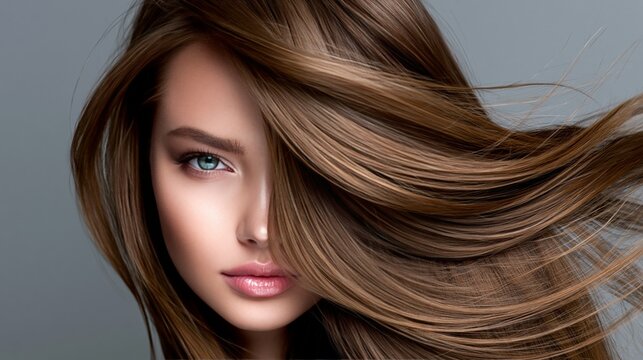 Portrait of a young woman with flowing hair and captivating eyes staring confidently.