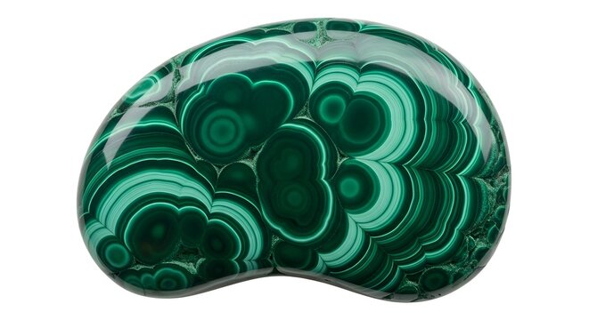 Polished malachite stone with intricate green banding against a clean white background