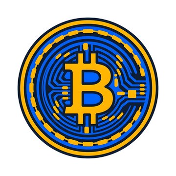 Bitcoin digital currency coin with futuristic circuit board pattern icon