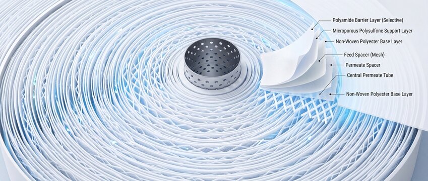 Industrial reverse osmosis membrane filter core with detailed layered structure showing filtration stages for water treatment plants