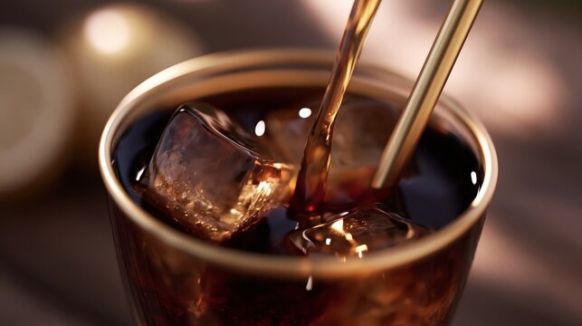 Refreshing iced drink poured over ice cubes for a cool and delightful experience.