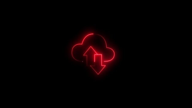 abstract Glowing red colour neon cloud storage with arrows, looped animation. Cloud space and technology, data backup icon