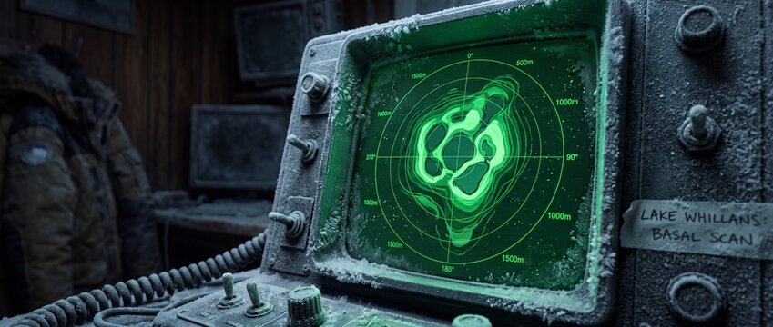 Round green radar screen displays detailed basal scan topography of lake whillans landscape inside frost covered remote field station