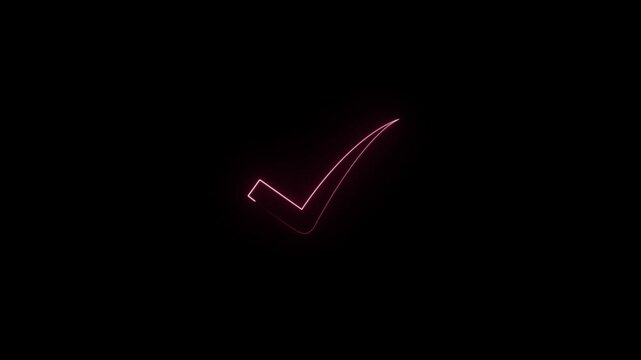 Glowing neon check mark pink colour icon animation on black .Motion Graphic 4k Video.