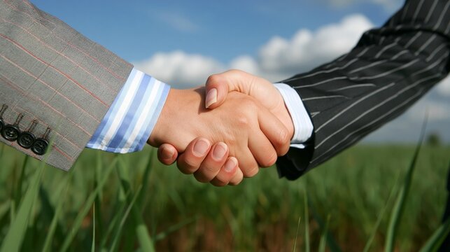 Successful partnership handshake in a green field representing collaboration and trust.