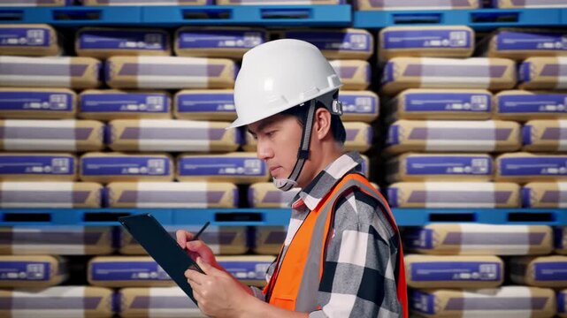Side View of Asian Male Engineer Taking Note on Tablet While Walking at Warehouse Stacked Cement Bags Pallets