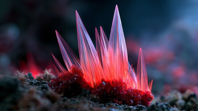 Vibrant crystals emerge from the ground, glowing with stunning red and pink hues.