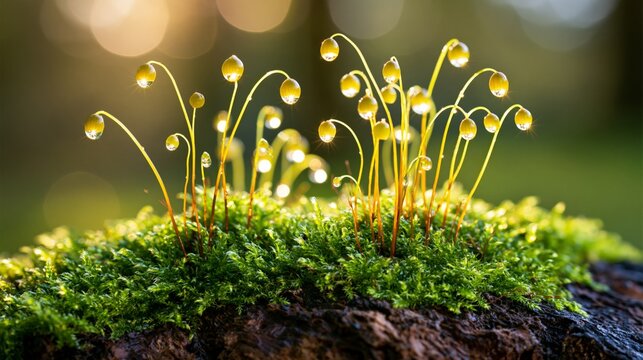 Vibrant moss with dew drops under soft sunlight, showcasing nature's delicate beauty.