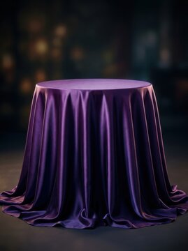 Draped table for product presentation with a dark purple background elegant display setting