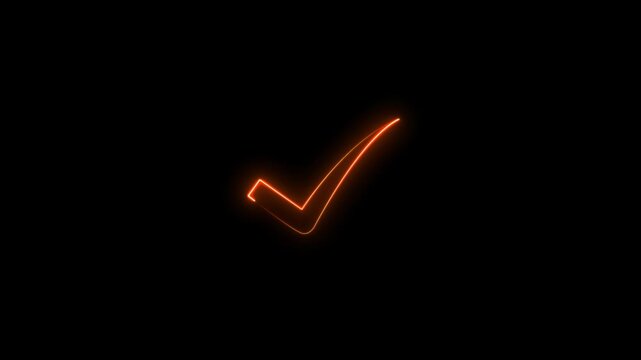 Glowing neon check mark orange colour icon animation on black .Motion Graphic 4k Video.