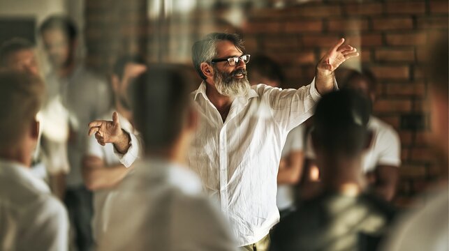 A bearded man passionately speaks to an engaged audience in a bright, modern setting.