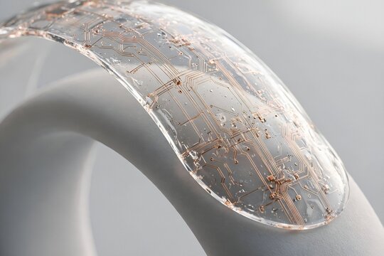 Macro Close-Up of Flexible Transparent Circuit Board with Copper Traces
