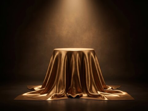 Golden draped pedestal for product presentation with dramatic lighting and a luxurious feel