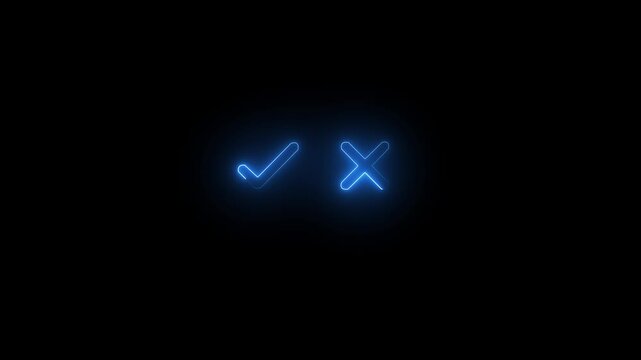 Tick or check mark and cross mark signs blue colour neon icon animation. right and wrong animated neon icons, False and true. accept and reject. neon right and wrong icon animation with black 