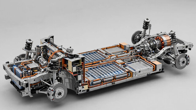 Cross-section of electric vehicle chassis showing battery pack and drivetrain