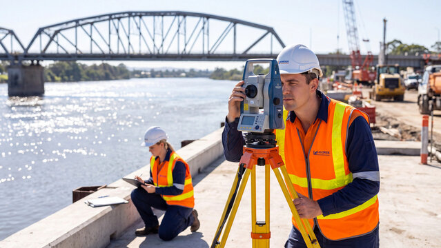Construction surveyor operating total station theodolite instrument outdoors near a bridge structure.
