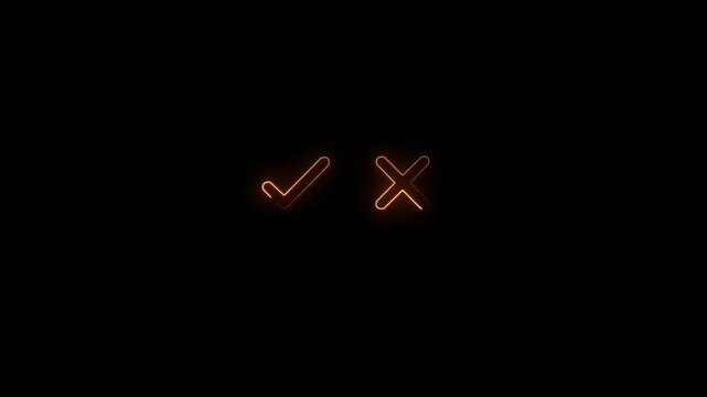 Tick or check mark and cross mark signs orange colour neon icon animation. right and wrong animated neon icons, False and true. accept and reject. neon right and wrong icon animation with black 