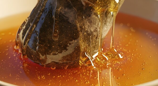 Close-up shot of a dark tea bag being gently lifted from a pool of golden, viscous honey, showcasing the delicate streams of sweet liquid gracefully falling back into the golden depths