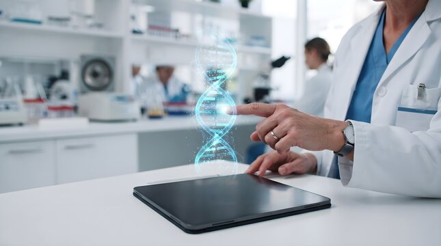 Doctor Touching Holographic DNA Strand Above Tablet, Medical Genetics and Research Technology Concept