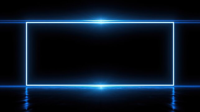 Blue neon rectangle frame on dark reflective surface with lens flare
