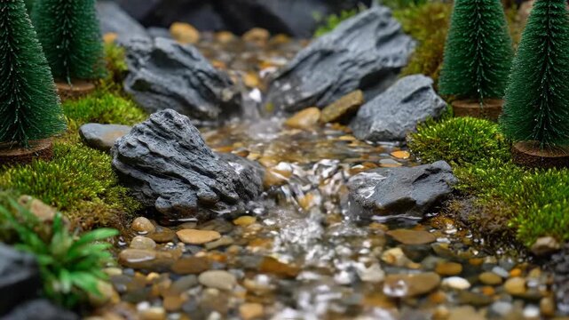 Miniature landscape featuring a stream flowing between mossy banks. Tiny trees flank the water, rocks, & pebbles are along the edges