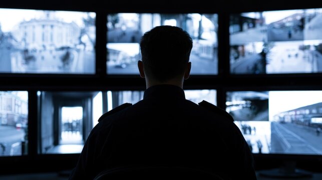 Security guard monitoring multiple cctv screens in a dark control room surveillance technology