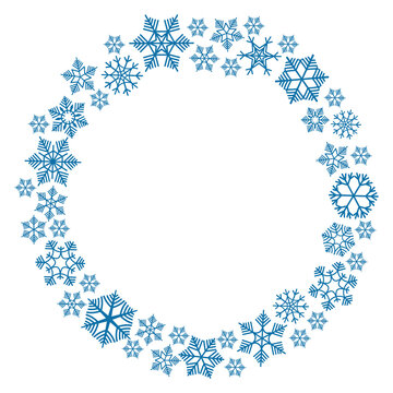 Blue snowflake round frame. Snow wreath border