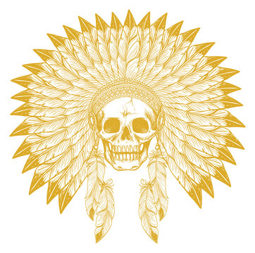 Tribal skull in feather headdress. Hand drawn tattoo