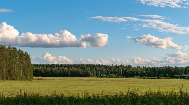 Vast green field under a blue sky with fluffy white clouds and dense forest edge