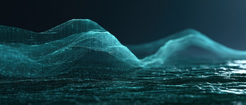 Abstract digital landscape of glowing teal mountains and water