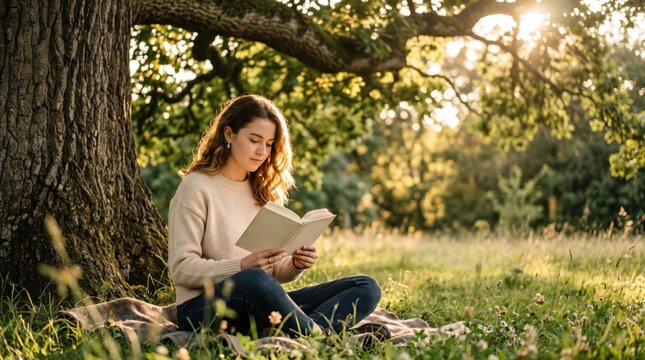 Young woman sits beneath a large tree and reads a book while enjoying warm sunlight and the peaceful atmosphere of nature.