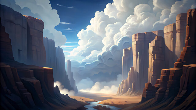 Vector illustration depicting majestic canyon landscape with deep ravines and fluffy cumulus clouds isolated transparent.