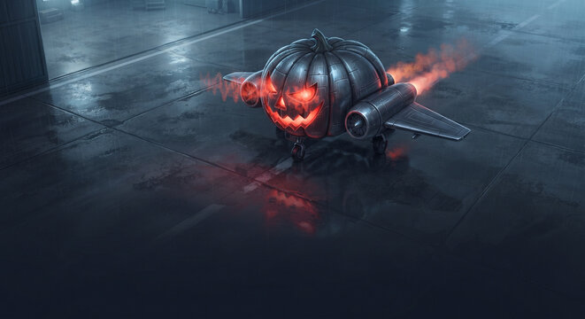 Futuristic jet airplane designed as a metallic jack-o-lantern pumpkin on rainy runway.