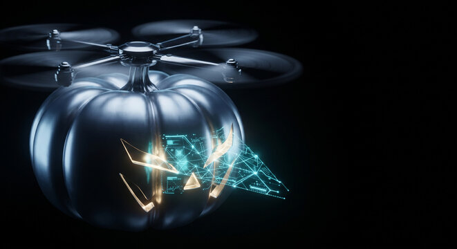 Futuristic metallic quadcopter drone shaped like a jack-o-lantern pumpkin scanning with hologram HUD.