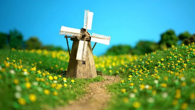 A miniature wooden windmill stands amidst a field of vibrant yellow flowers under a clear, bright blue sky