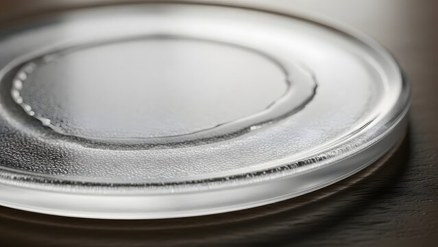 Close-up macro shot of a clear glass plate with a subtle water ring, creating a minimalist and abstract visual